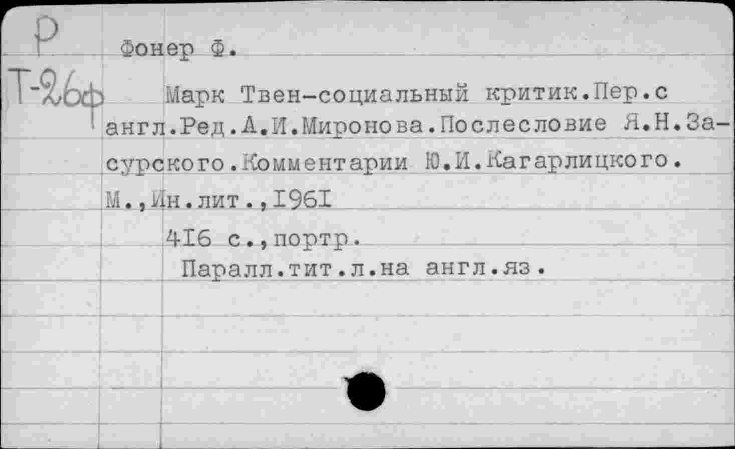 ﻿Фонер Ф.
' "А/ОсЬ Марк Твен-социальный критик.Пер.с англ.Ред.А,И.Миронова.Послесловие Я.Н.За-
сурского.Комментарии Ю.И.Кагарлицкого.
,М.,Ин.лит.,1961
416 с.,портр.
Паралл.тит.л.на англ.яз.